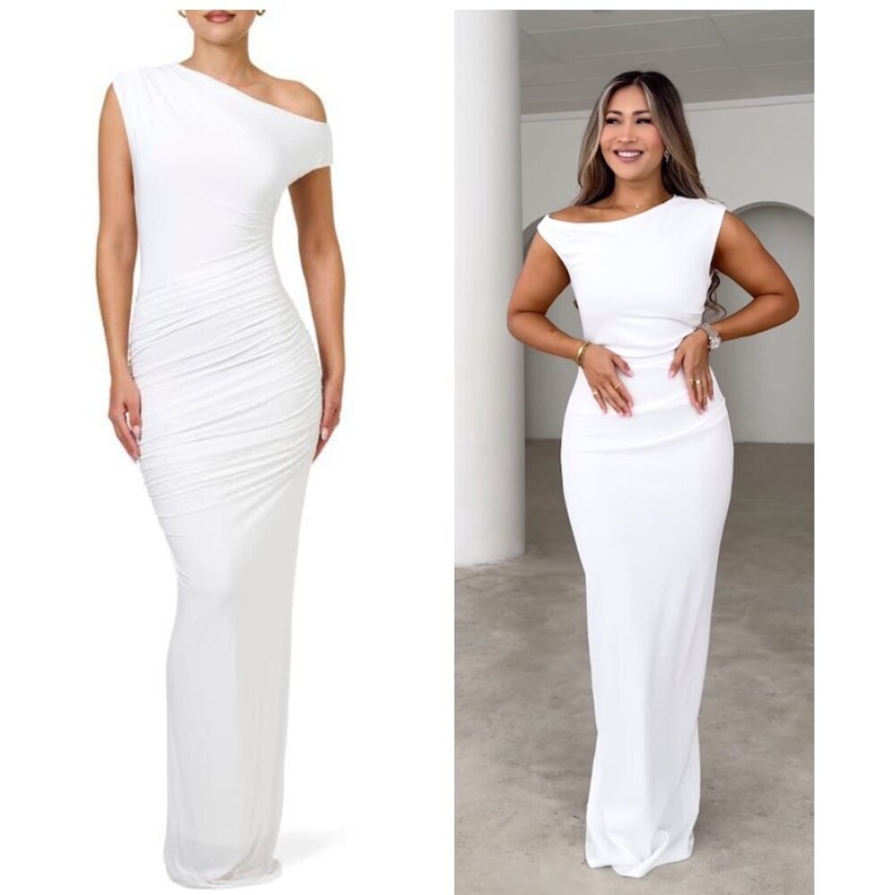 NAKED WARDROBE Ruched One-Shoulder Gown in White Size Medium